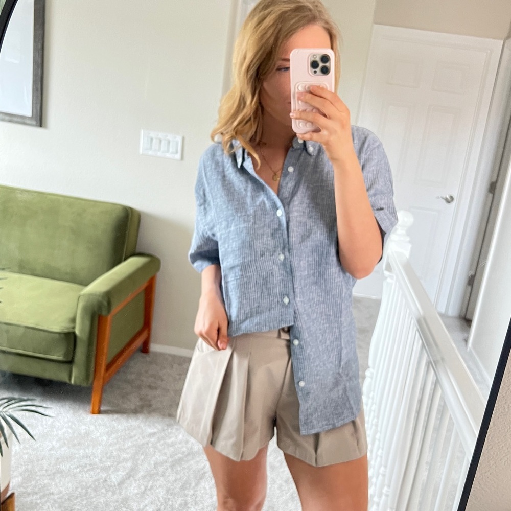 Everlane Linen Short Sleeve Pin Stripe Shirt NWT Medium